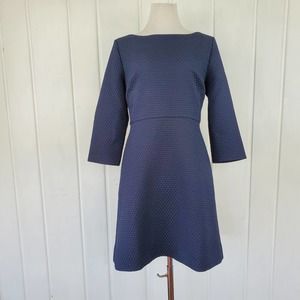 J. Crew Navy Blue Boat Neck 3/4 Matlasse Semi Fitted Sheath Dress Womens 10P